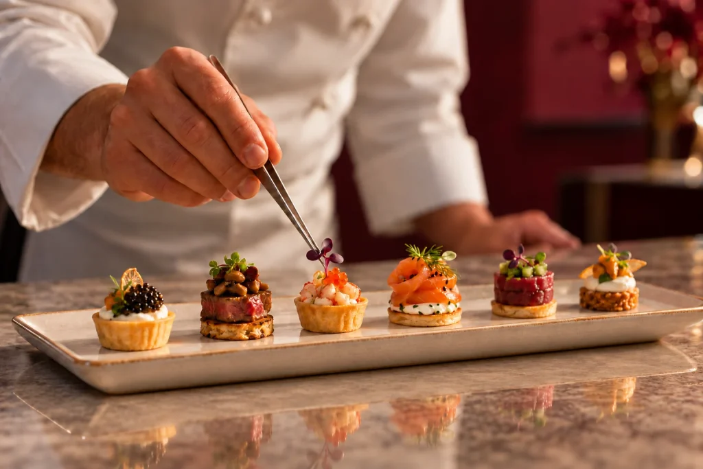 Chef adding a delicate garnish to elegantly presented canapés