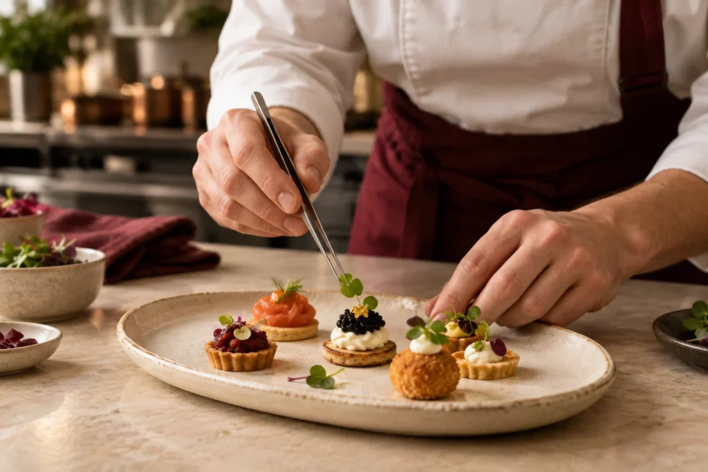 Chef finishing delicate canapés with fresh herbs — brand illustration