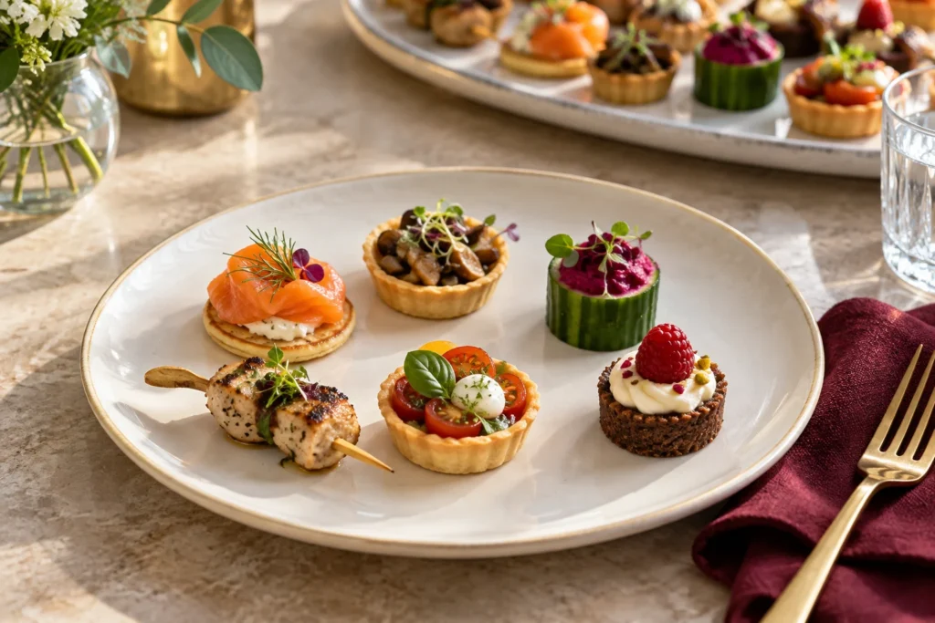 Six individual canapés on an ivory plate, with a shared serving platter behind