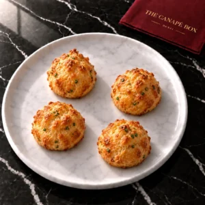 Four Cheddar & Chive Gougère canapés on a marble plate