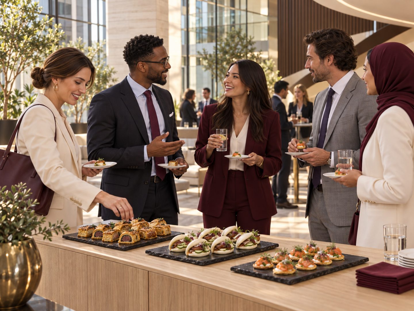 Colleagues sharing savoury canapés at a bright modern office reception in Dubai
