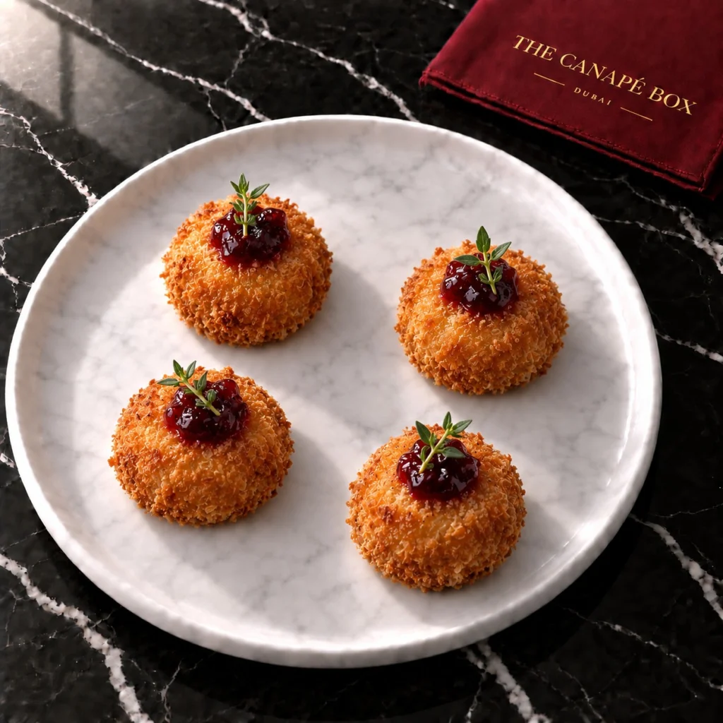 Four Duck Croquette canapés on a marble plate