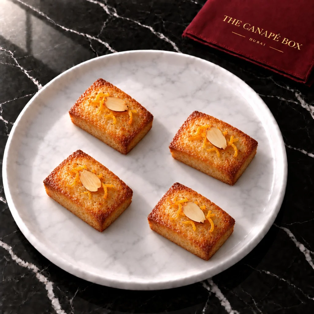 Four Orange & Almond Financier canapés on a marble plate