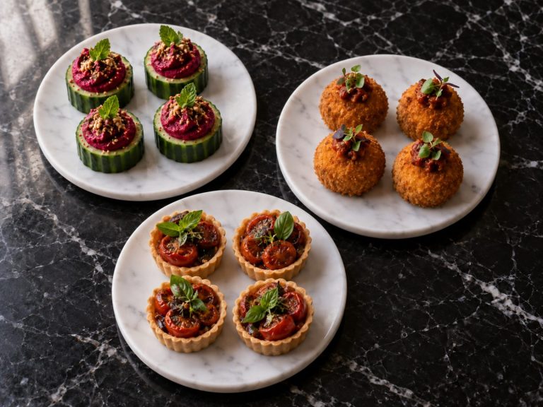 Beetroot hummus cucumber cups, sweet potato croquettes and tomato tartlets on three white plates