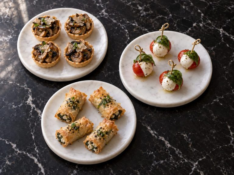 Mushroom tartlets, caprese skewers and spinach filo rolls on three white plates