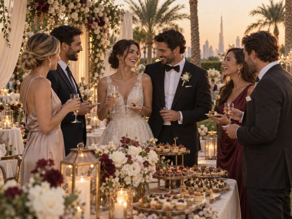 Wedding reception with a couple and guests sharing canapés