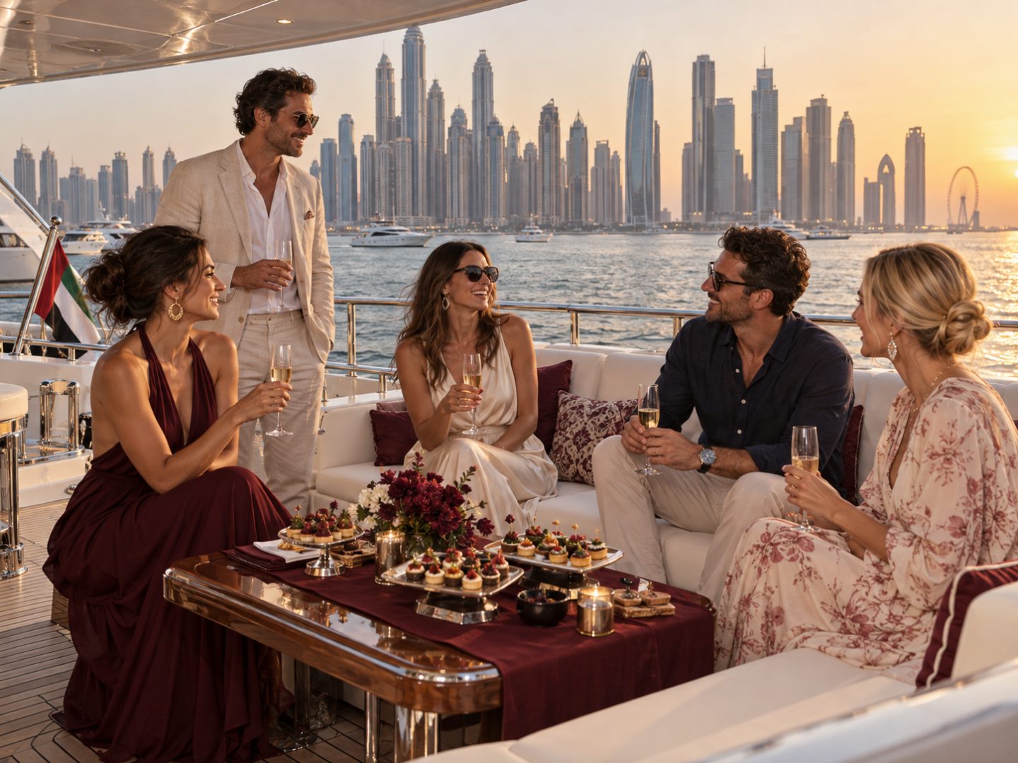 Guests enjoying an elegant canapé gathering on a yacht in Dubai