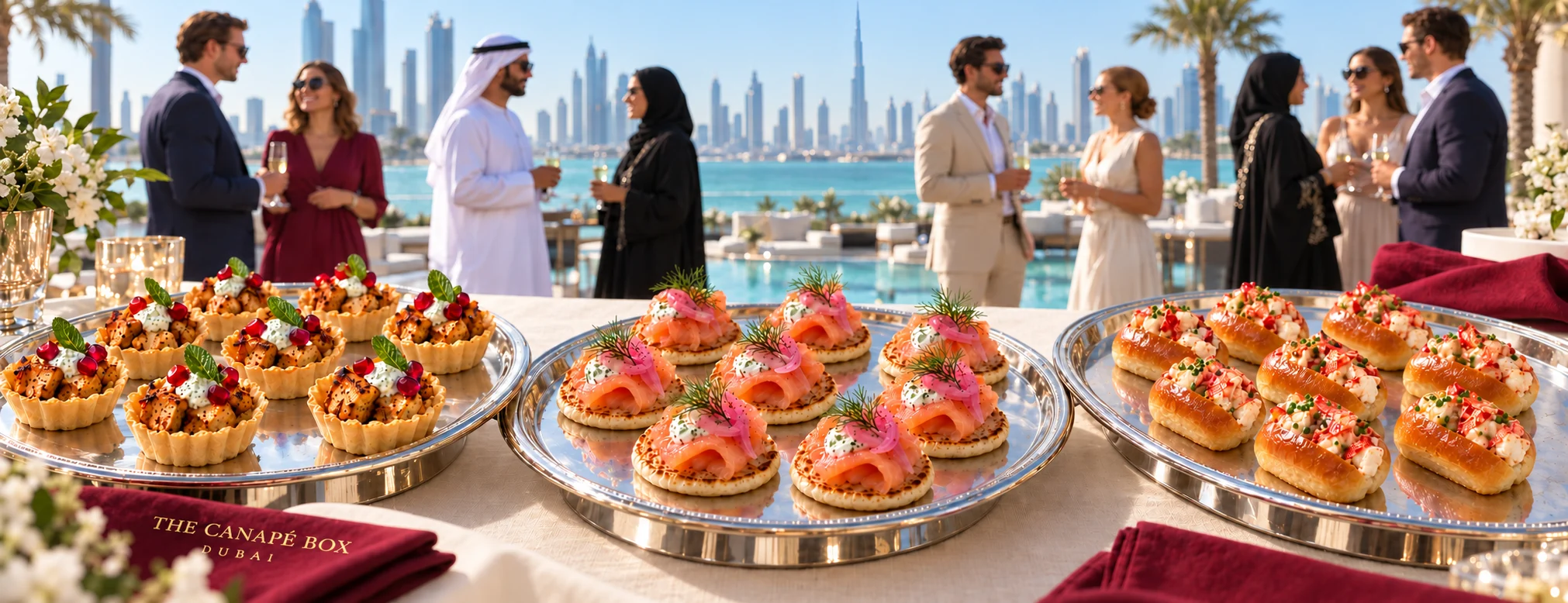 Chicken tartlets, salmon blinis and lobster brioche on silver platters at a Dubai waterfront gathering.