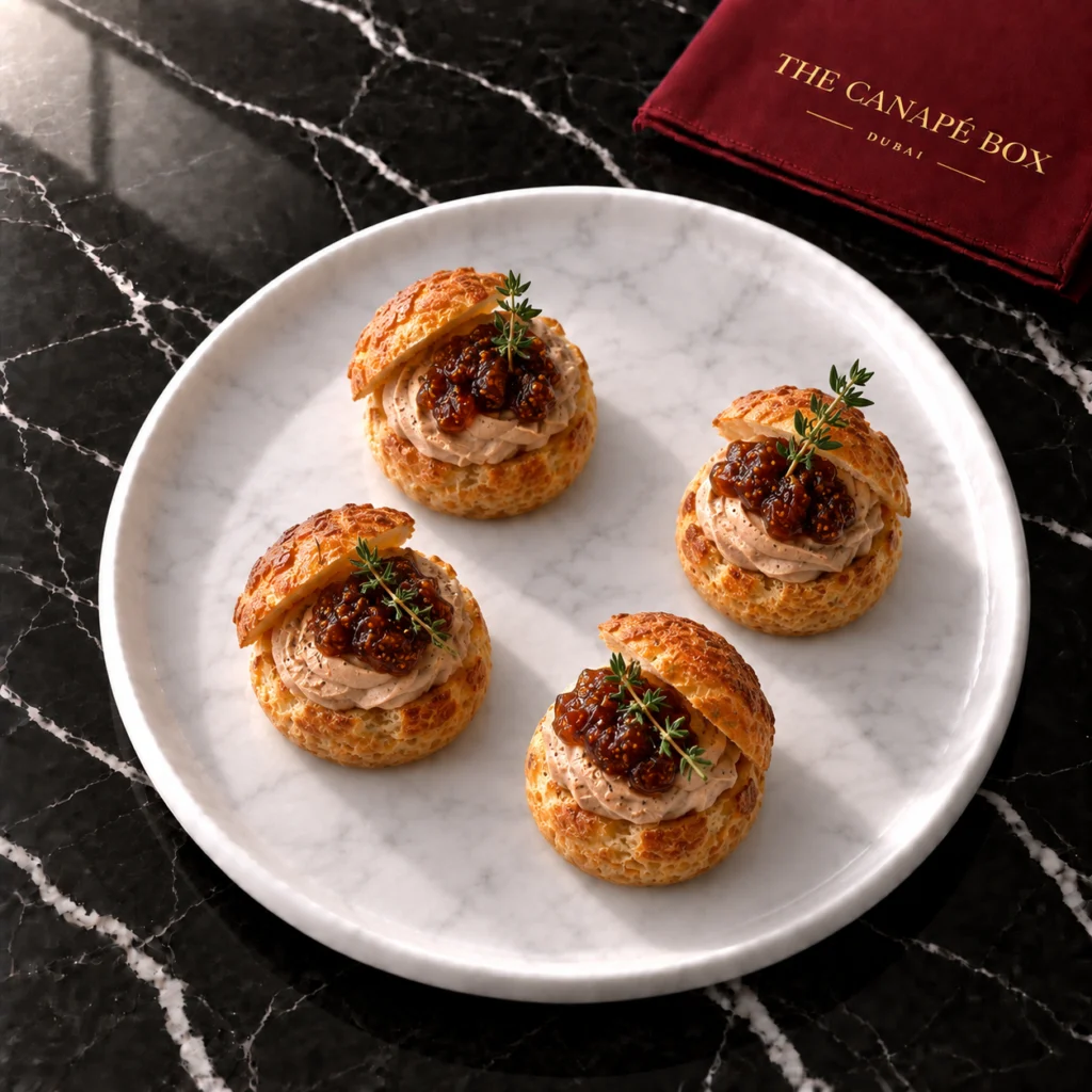 Four portions of Foie-Style Duck Liver & Fig Choux on a white marble plate