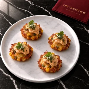 Four portions of Corn & Cheese Jalapeño Fritter on a white marble plate