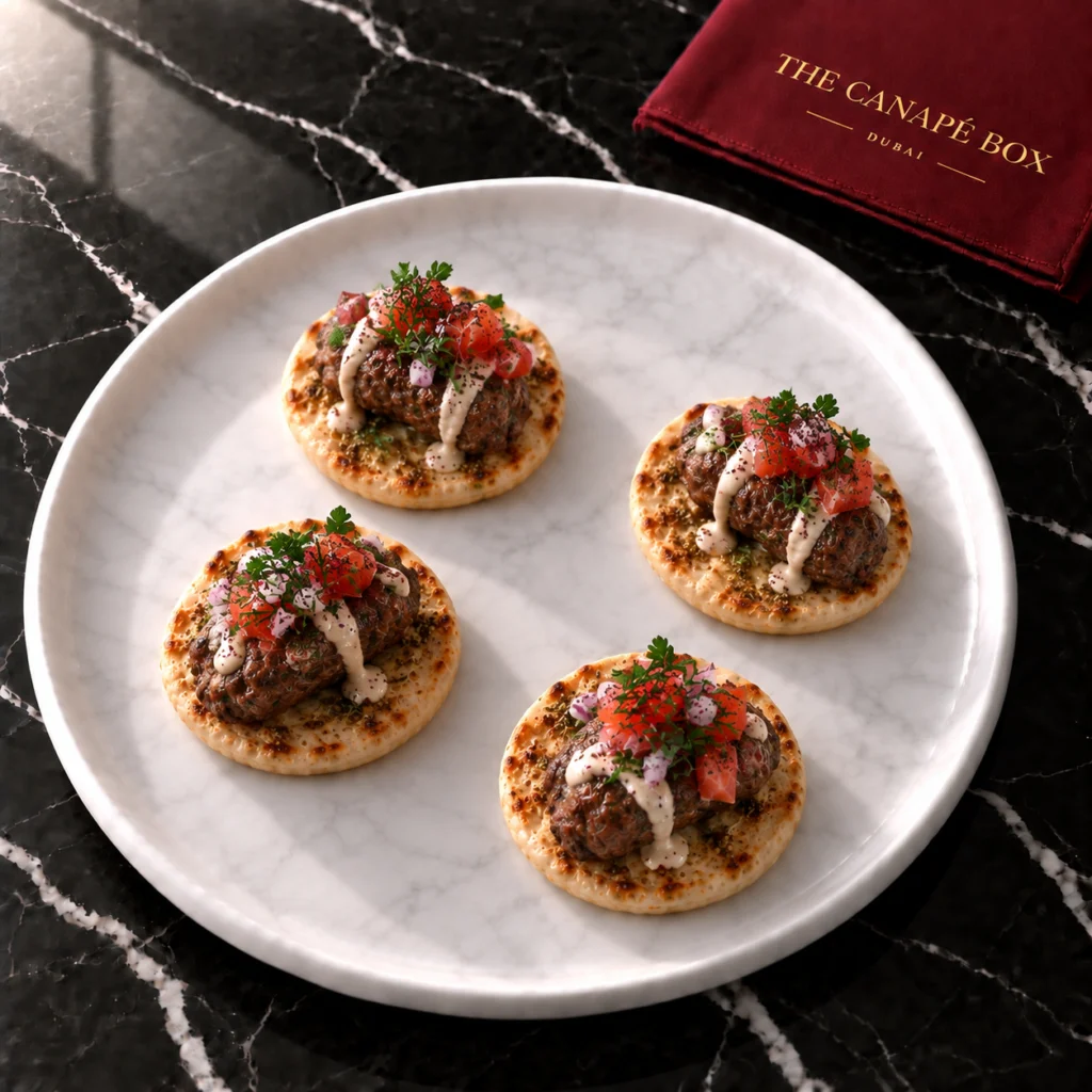 Four portions of Beef Kafta on Mini Manoushe on a white marble plate