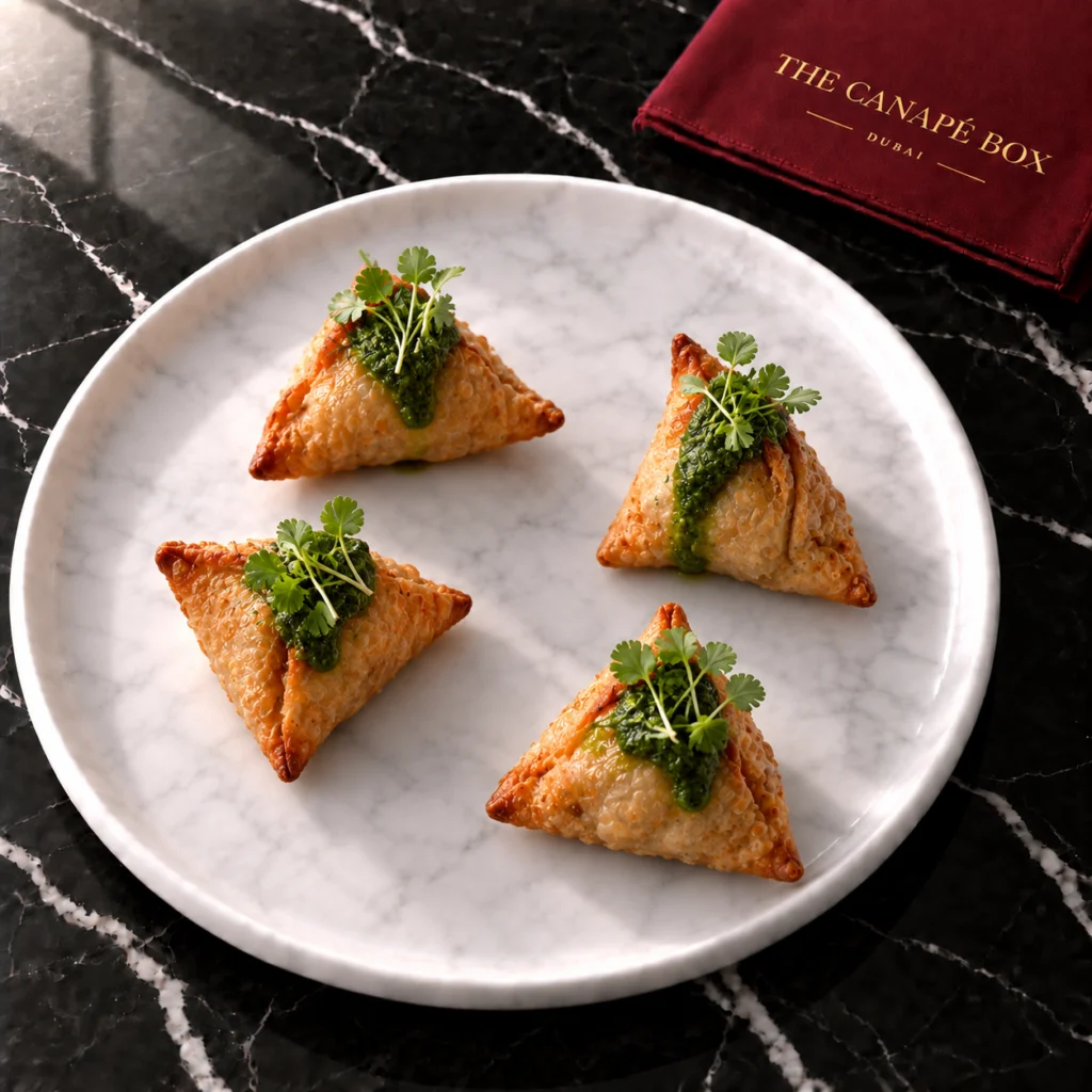 Four portions of Vegetable Samosa with Mint Chutney on a white marble plate