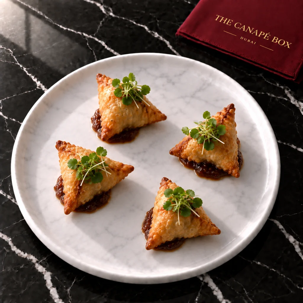 Four portions of Spiced Crab Samosa with Tamarind on a white marble plate