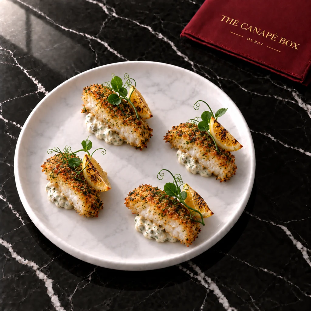 Four portions of Herb-Crusted Cod Goujonette on a white marble plate