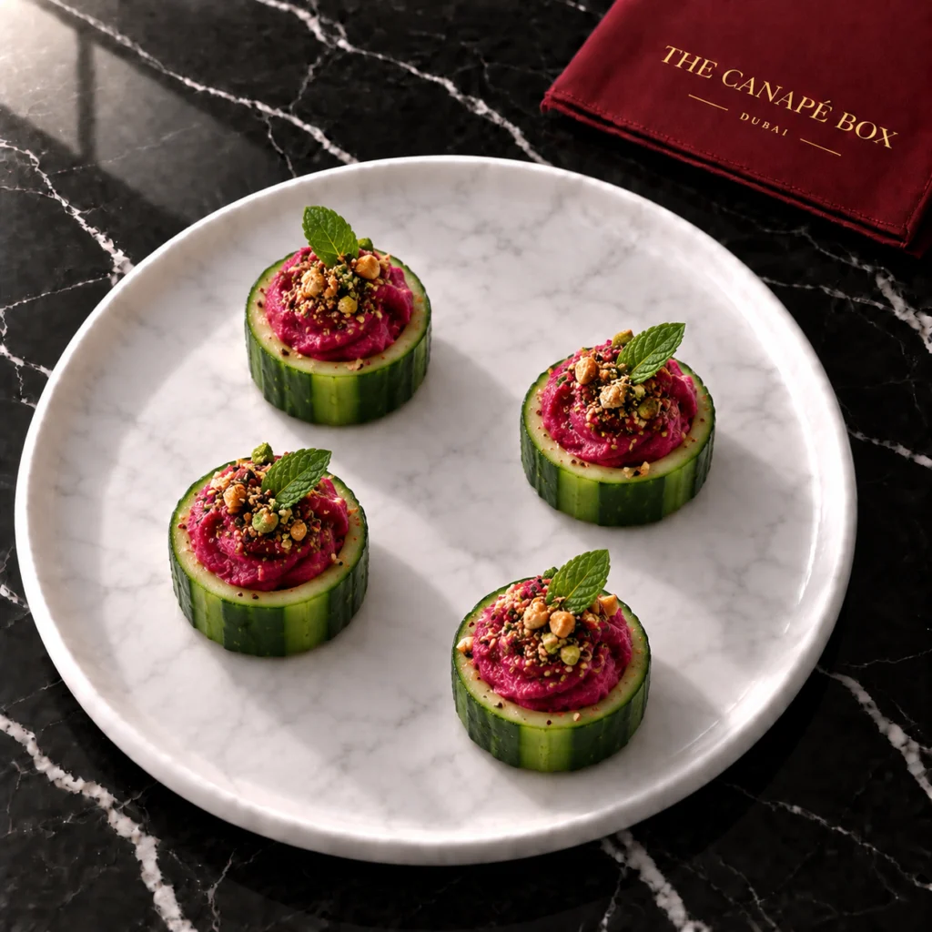 Four portions of Beetroot Hummus Cucumber Cup with Dukkah on a white marble plate