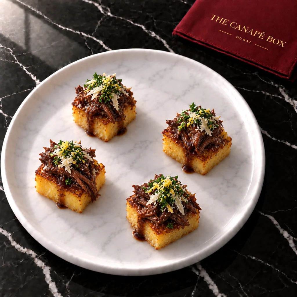 Four portions of Braised Beef Cheek Polenta Cube on a white marble plate