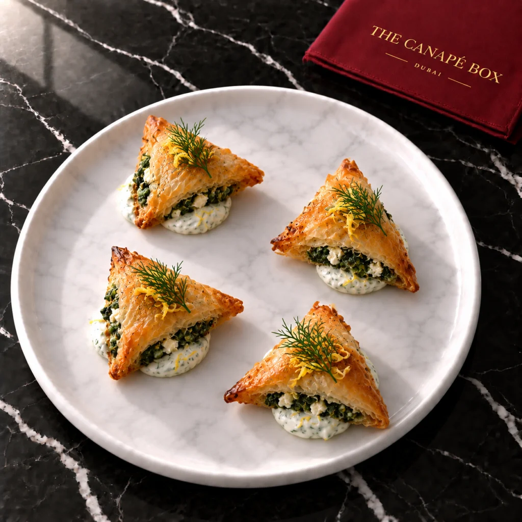 Four portions of Spanakopita Triangle on a white marble plate