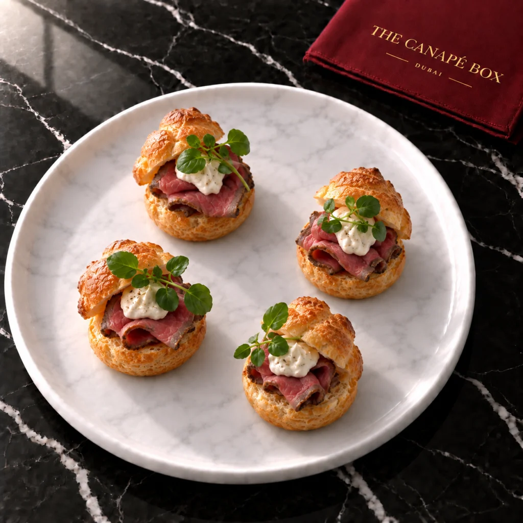Four portions of Roast Beef & Horseradish Profiterole on a white marble plate