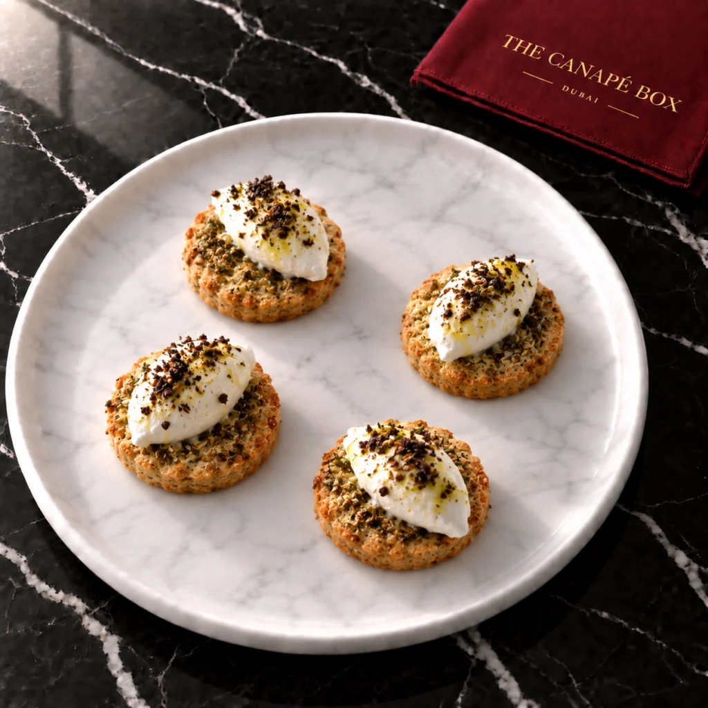 Four portions of Cheese & Za'atar Sablé with Labneh on a white marble plate