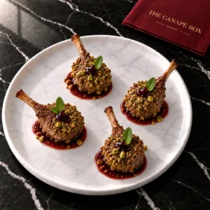Four portions of Pistachio-Crusted Lamb Chop Lollipop on a white marble plate