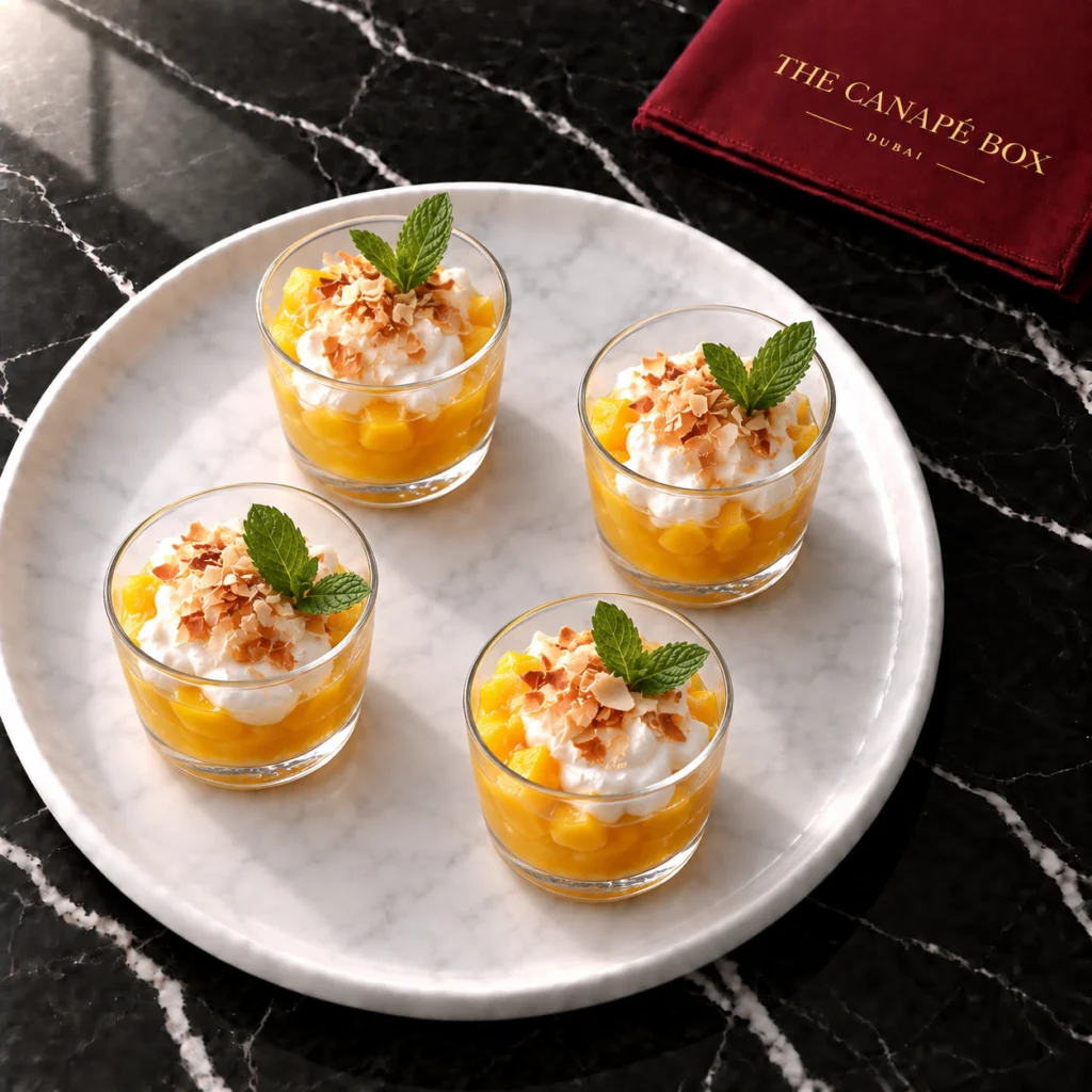 Four portions of Mango & Coconut Cup on a white marble plate
