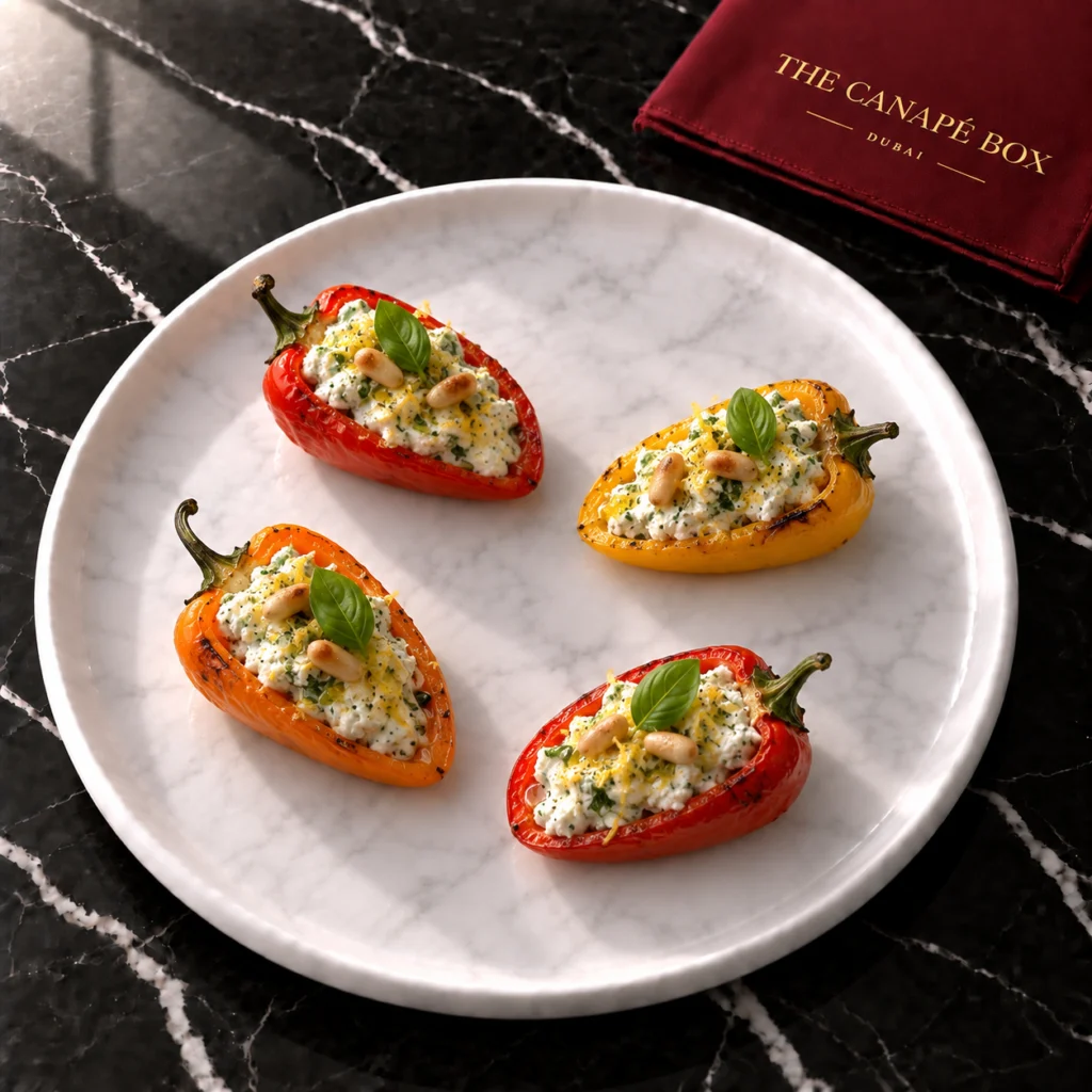 Four portions of Stuffed Baby Peppers with Herbed Ricotta on a white marble plate