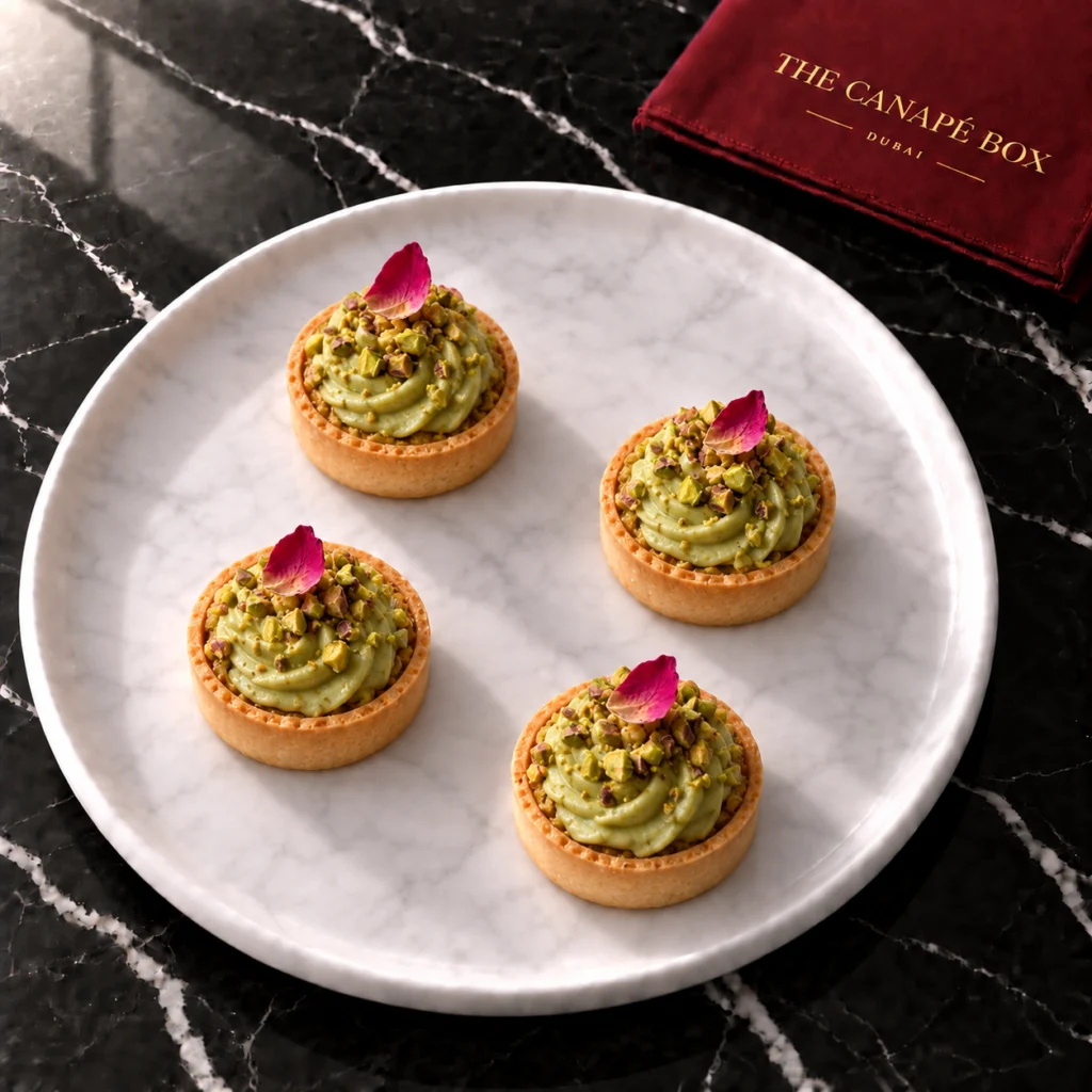 Four portions of Pistachio & Rose Tartlet on a white marble plate